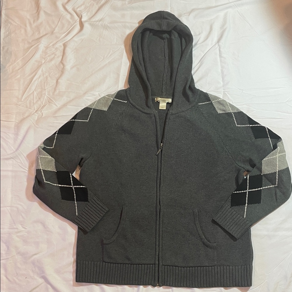 CJ Banks Charcoal Gray Argyle Zip-Up Sweater